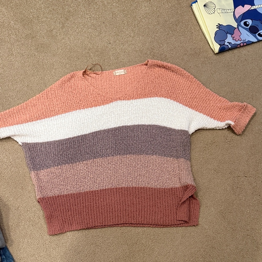 Striped Women's Sweater - Pink, White, Brown (S/M)